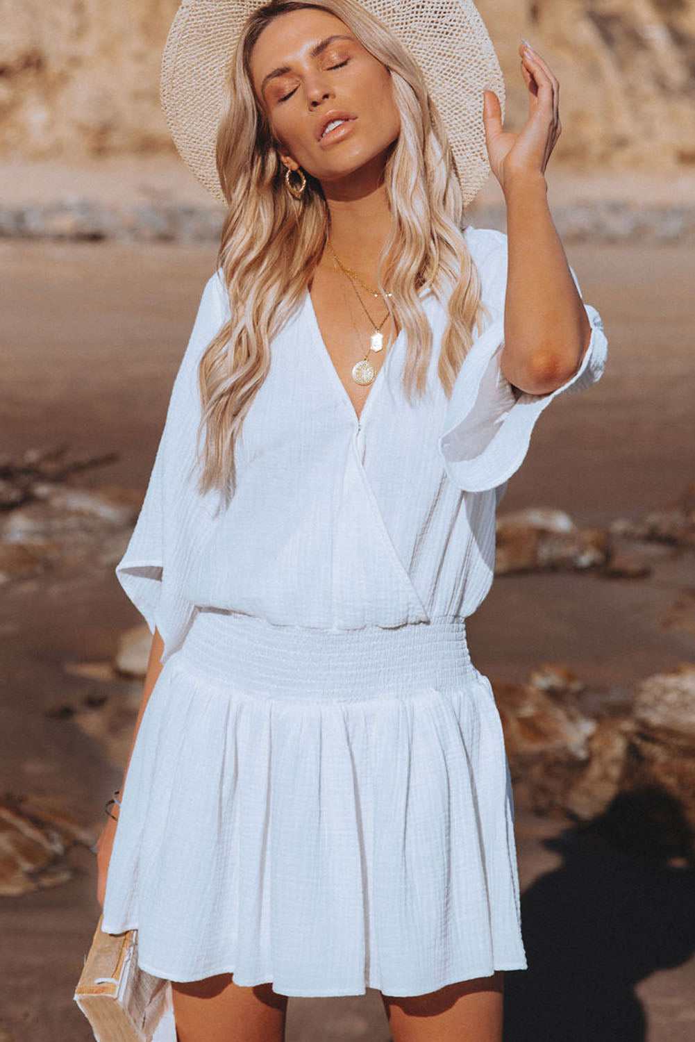 Women's 3/4 Sleeves Textured Smocked Drape Beach Dress