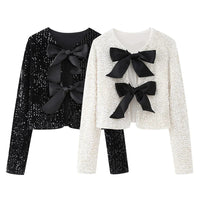 UNIZERA 2023 Autumn/Winter New Product Women's Fashionable and Stylish Round Neck Long sleeved Bow Tied Sequin Suit Coat