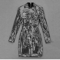 GACVGA Shiny Plaid Sequins 2024 Autumn Winter Women Dress O-Neck Long Sleeve Sexy Bodycon Mini Club Party Dresses Vestidos