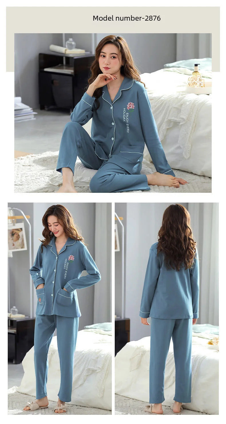 100% Cotton Long Sleeve Cardigan Pajama Set For Middle-aged Elderly Women Autumn Outer Wear Homewear