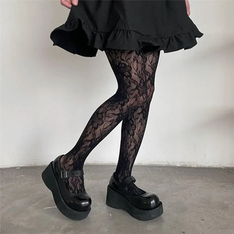 Y2k Fashion Gothic Flower Hollow Out Sexy Pantyhose Women Fishnet Wine Red Ins Hot Girls JK Tights High Elastic Hipster Leggings