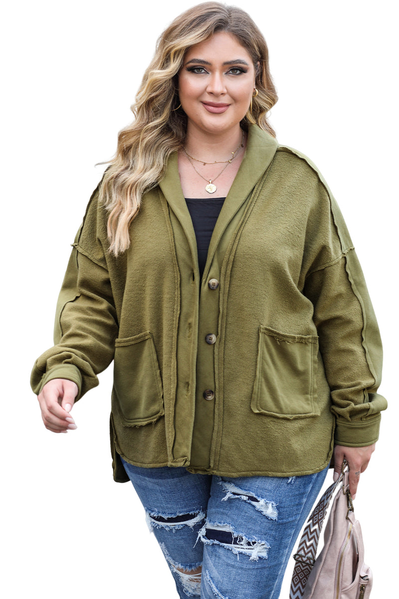 Green Plus Size Exposed Seam Terry Patchwork Hooded Jacket