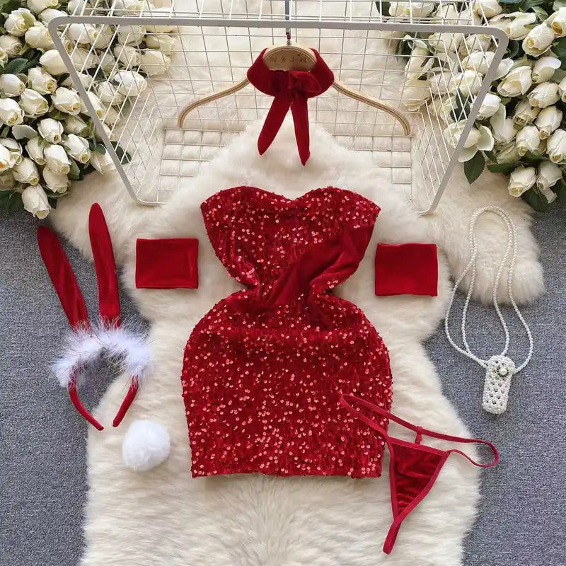 Winter New Christmas Red Short Dress Sexy Sequin Bodycone Mini Dress Slim Erotic Dress Hotsweert Club Party Night Dress Bunny