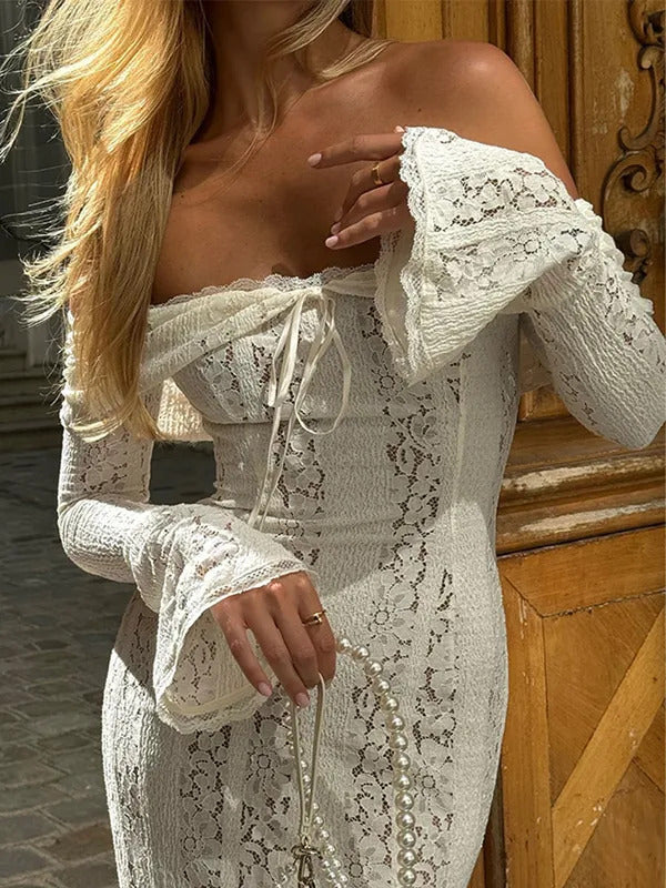 White Off Shoulder See-through Lace Up Maxi Dress Women Flared Long Sleeves Chest Wrapped Dresses Summer Elegant Seaside Gowns