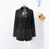 Fashion Rhinestone Blazer Shorts Sets Women Loose Lapel Full Sleeve Jacket Wide Leg Short Pants 2024 Autumn Lady Elegant Outfits