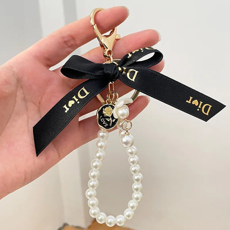 Imitation Pearl Keychain Sweet Letters Ribbon Bowknot Keyring Accessories Metal Buckle Women Bag Charms Best Gifts Jewelry