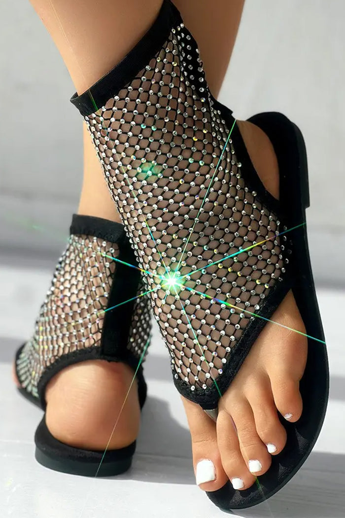 Black Hollowed Rhinestone Stud Clip Toe Sandals