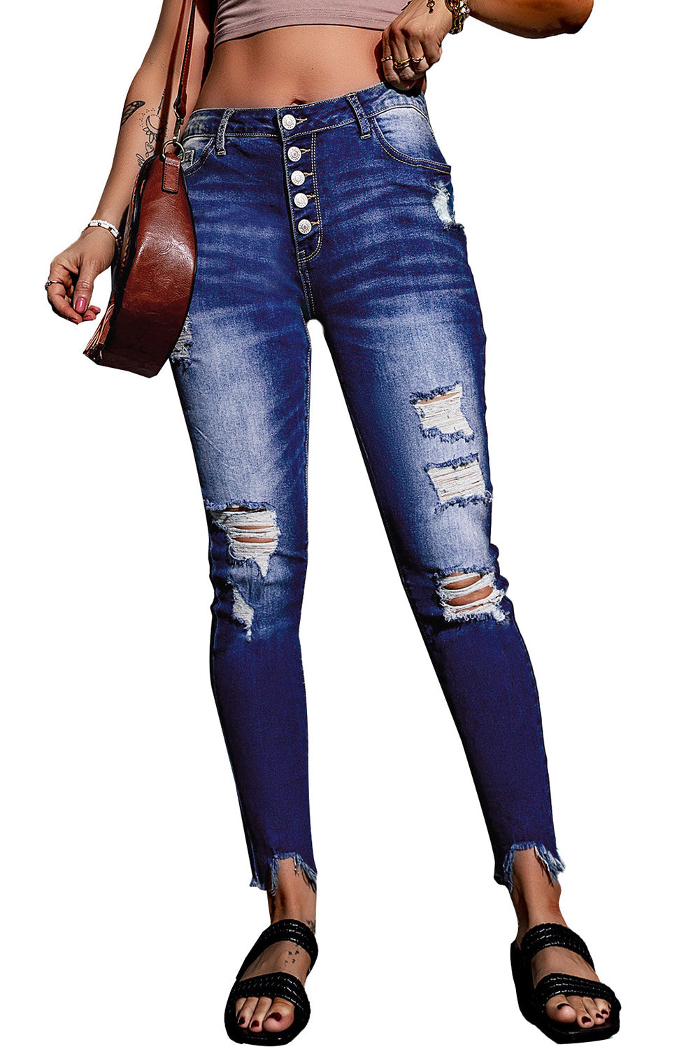 Blue High Rise Button Front Frayed Ankle Skinny Jeans