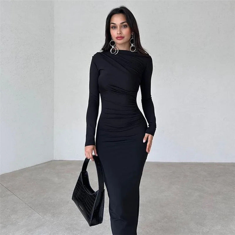 Cryptographic Autumn Elegant Ruched Long Bodycon Dress Fashion Outfits for Women Club Party Slinky Sexy Dresses Birthday Robes