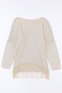 Khaki Lightweight Knit Fringe Hem Loose Sweater