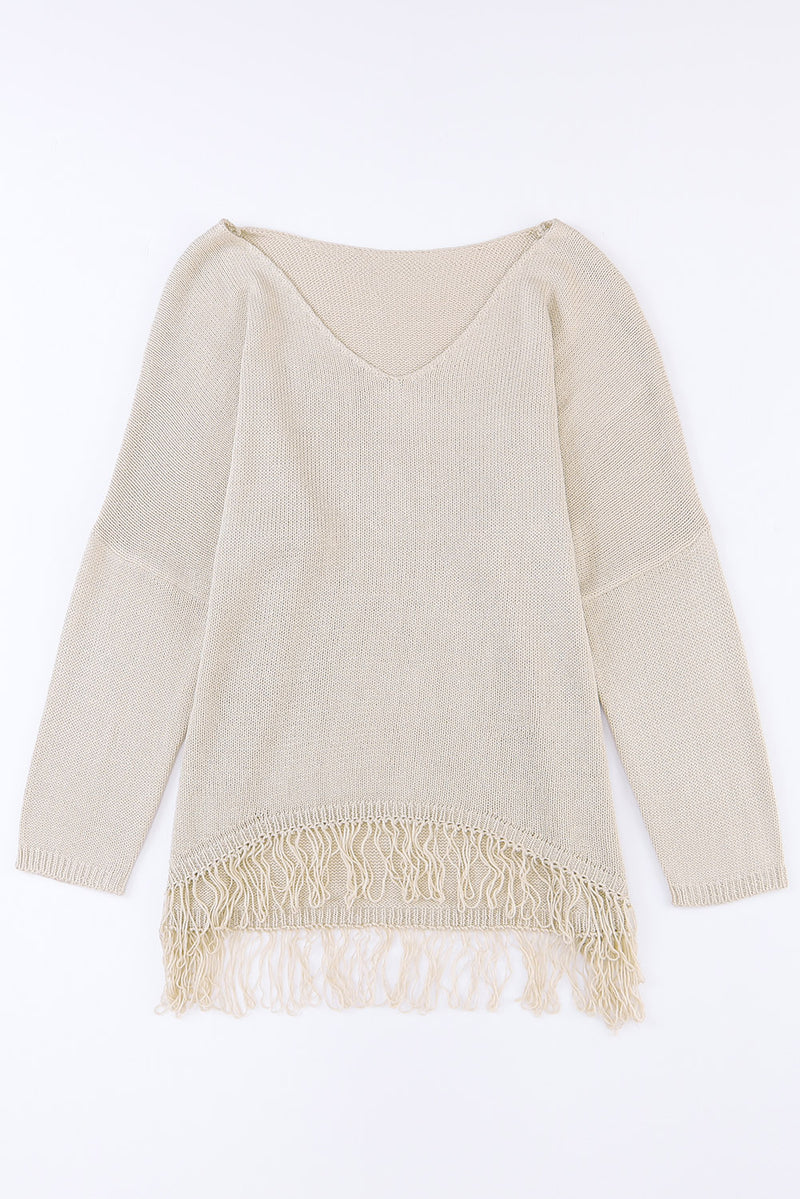 Khaki Lightweight Knit Fringe Hem Loose Sweater