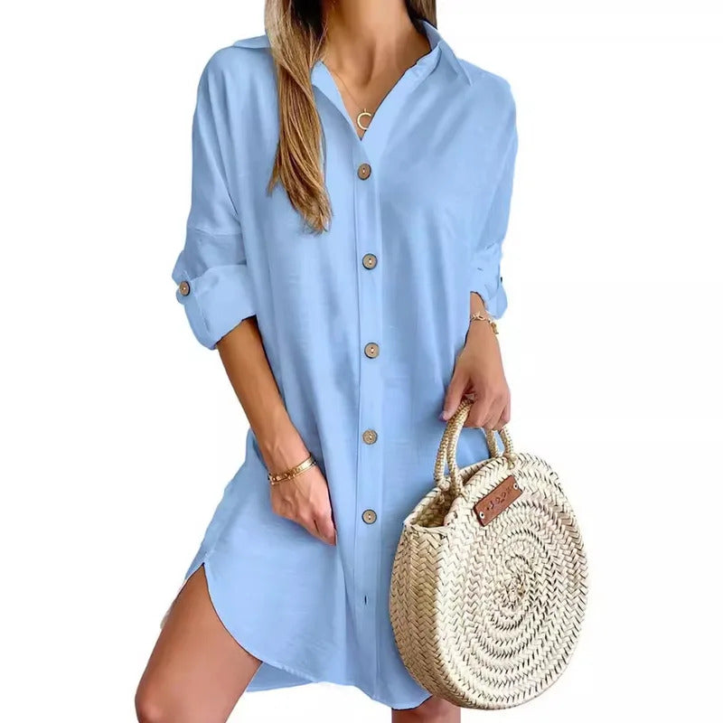 Solid Color Button Front Shirt Dress Casual Long Sleeve Lapel Dress For Spring & Fall Women's Clothing