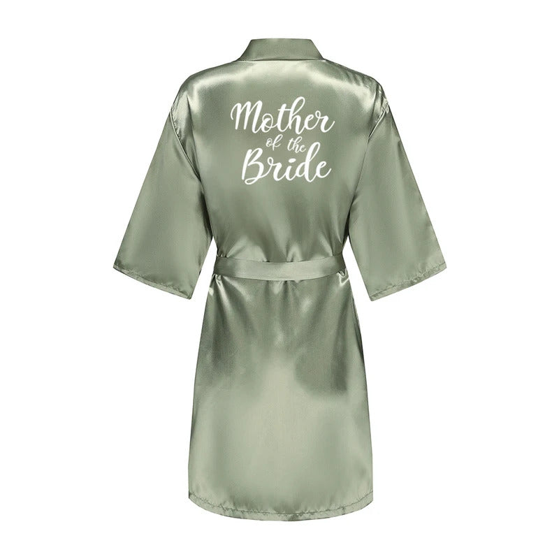 Grass Green Women's White Letter Bride Bridesmaid Short Satin Robes for Wedding Party Getting Ready