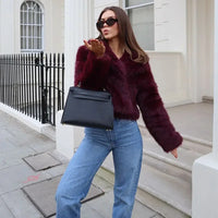 Wine Red Fluffy Faux Fur Short Coat Women Elegant Full Sleeve Warm Lapel Jacket New Winter Woman Commuter Outerwear 2024