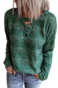 Green Crisscross Keyhole Fuzzy Sweater