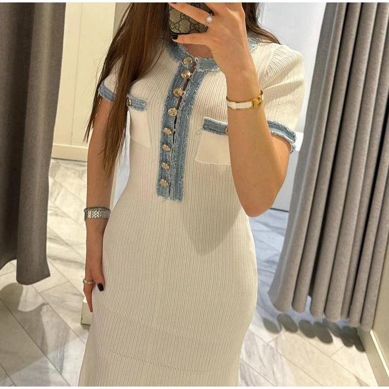 Women's Metal Single Breasted Knitted Maxi Dress V-neck Pleated Wrapped Hip Bodycon Dresses 2024 Elegant High Street White Robes