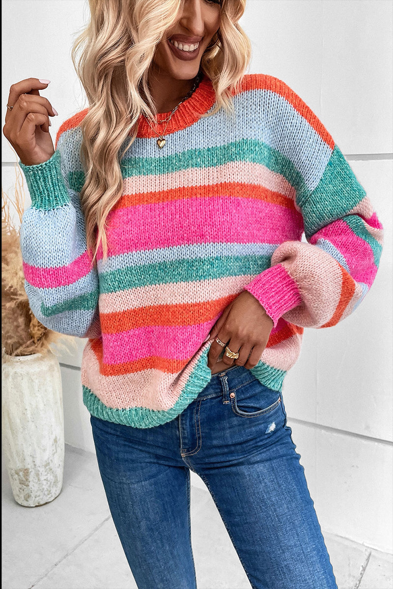 Multicolour Striped Knit Drop Shoulder Puff Sleeve Sweater