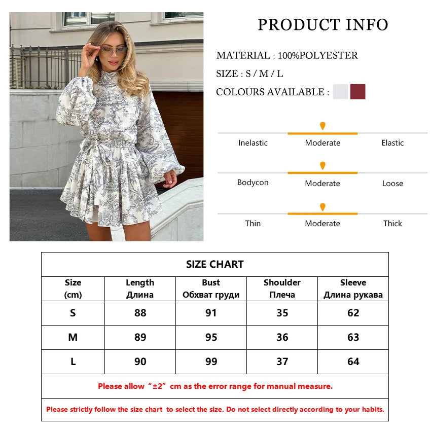 Clacive Casaul Loose Print Women'S Dress 2023 Fashion Stand Collar Puff Sleeve Mini Dresses Elegant Lace-Up Pleated Female Dress