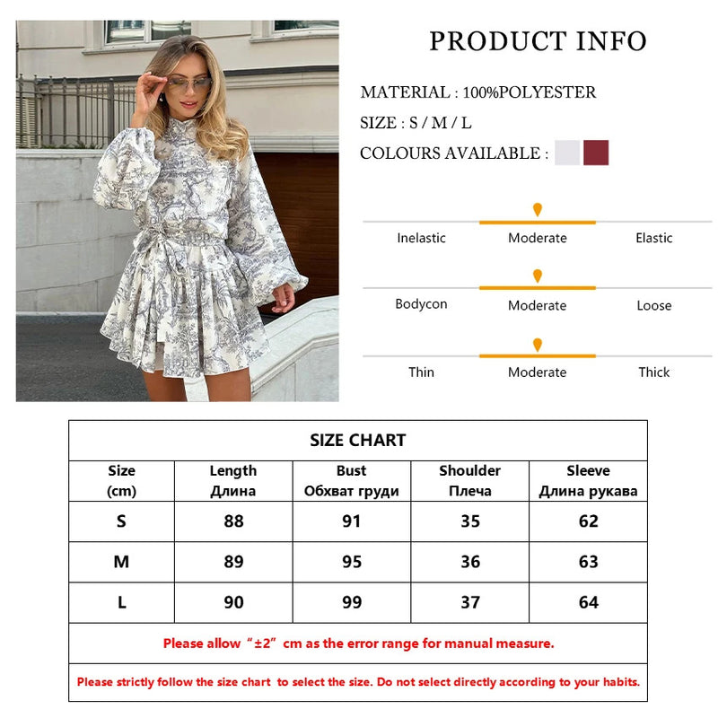 Clacive Casaul Loose Print Women'S Dress 2023 Fashion Stand Collar Puff Sleeve Mini Dresses Elegant Lace-Up Pleated Female Dress