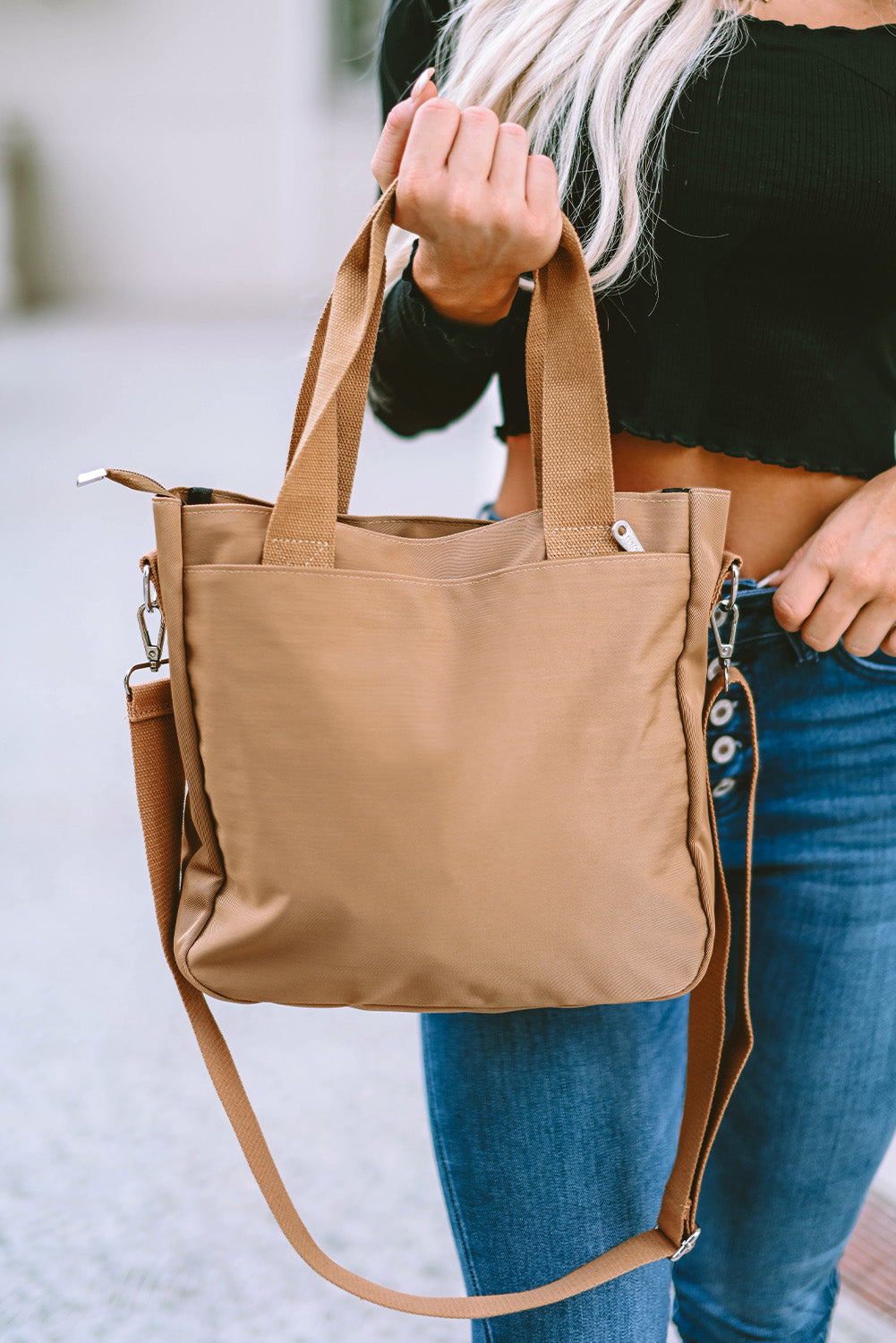 Light French Beige Multi Pockets Zipped Large Canvas Shoulder Bag