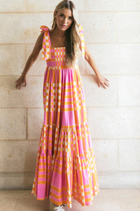 Pink Boho Gingham Tied Straps Smocked Maxi Dress