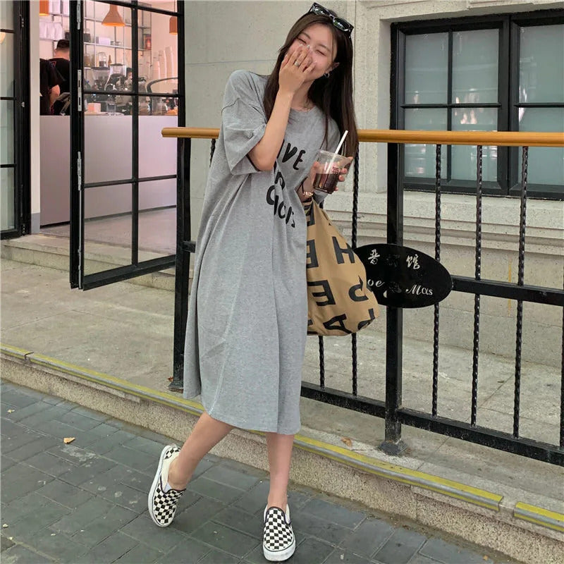 Harajuku Graphic White Long Dress Woman Clothing Y2k Casual Short Sleeve O-Neck Korean Fashion Summer Womens Loose Dresses 2024