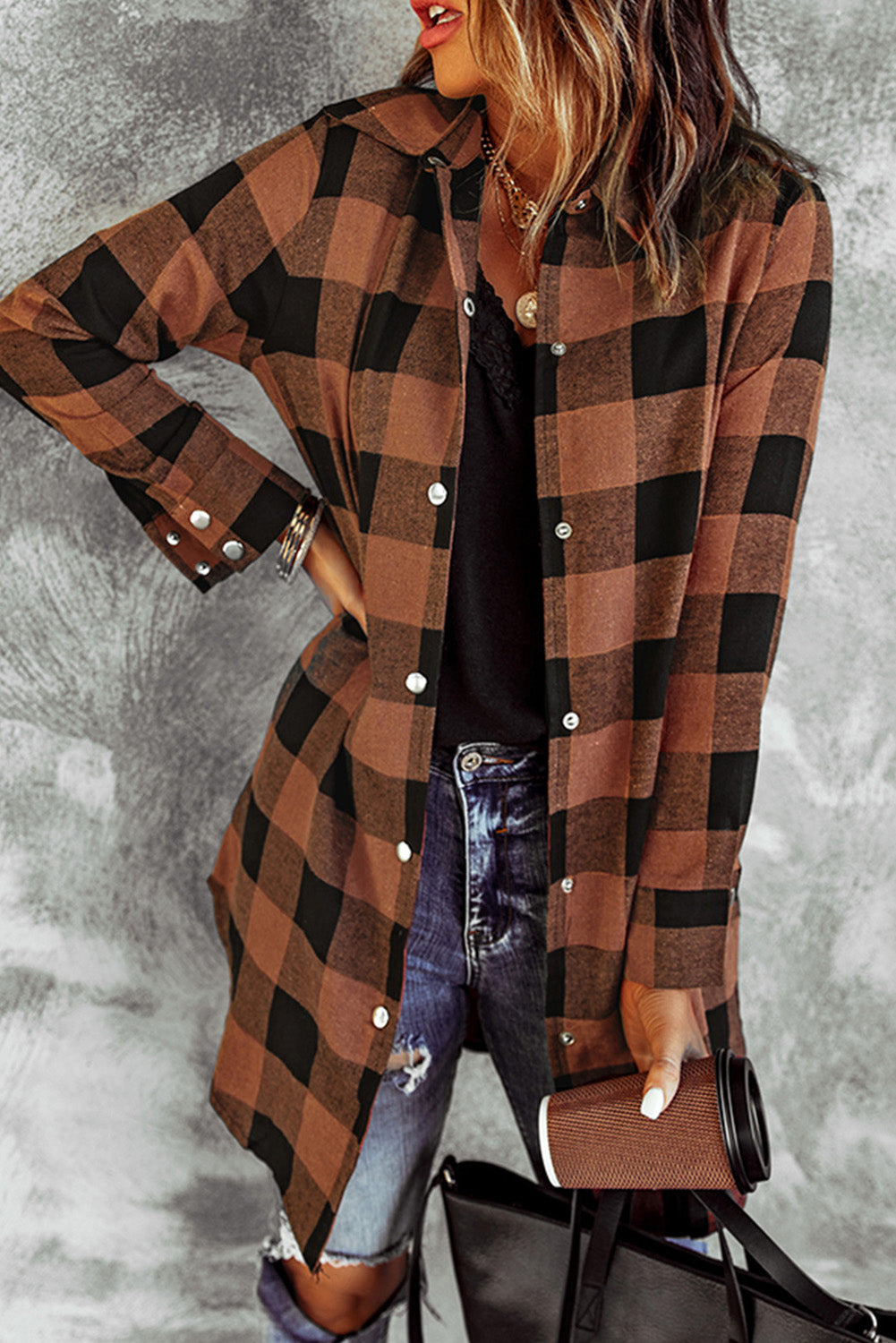 Blue Turn-down Collar Plaid Shirt Jacket