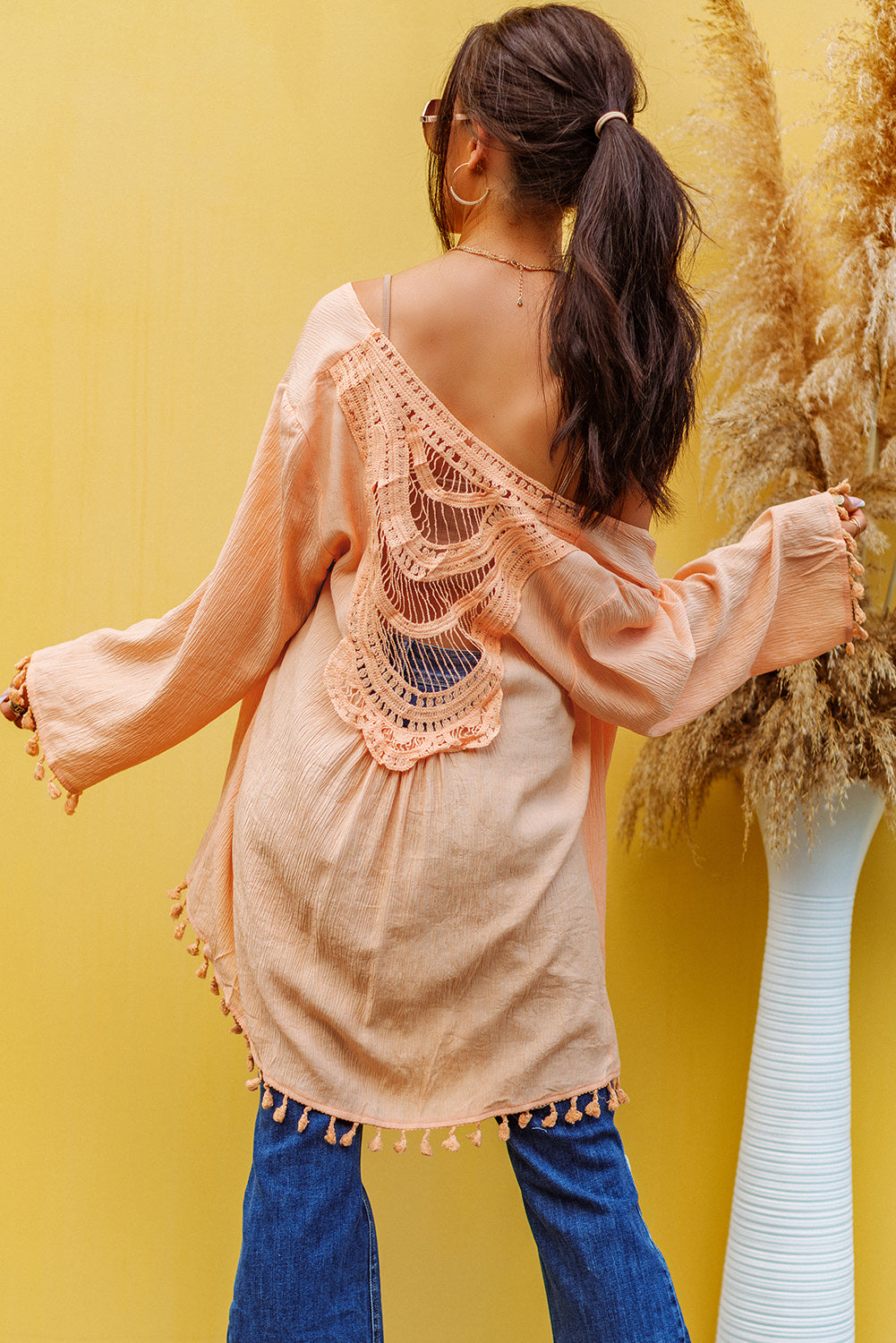 Apricot Crochet Tassel Beach Cover up