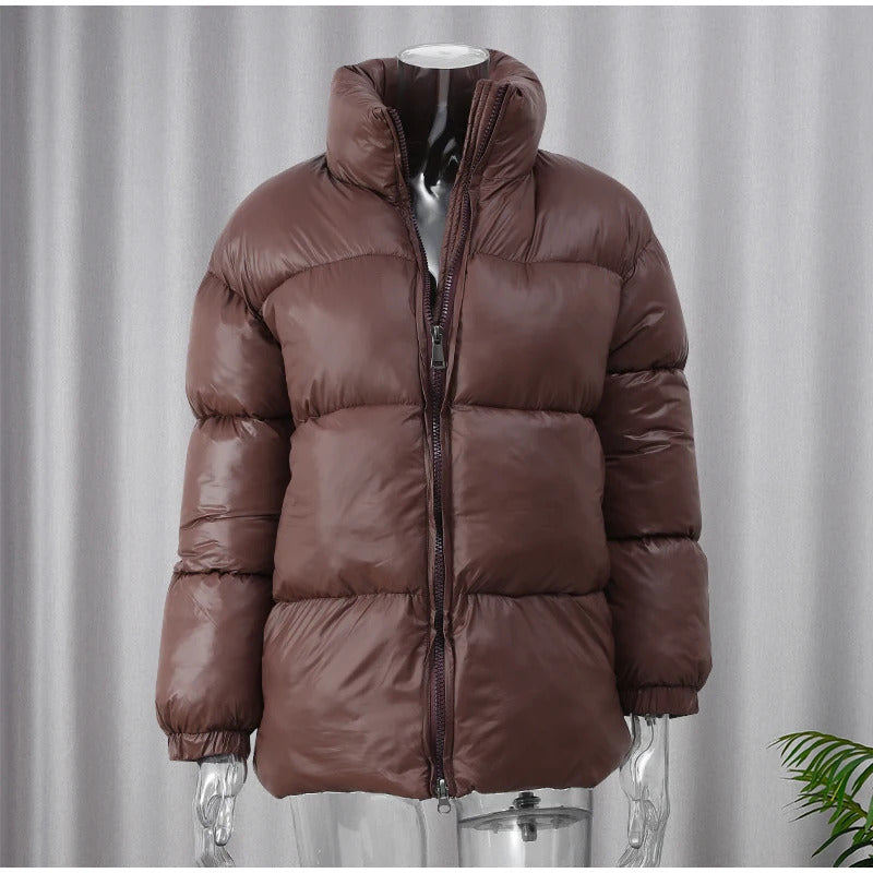 2024 New Winter Brown Warm Women's Cotton Coat Fashion Stand Collar Zipper Oversized Jackets Female Street Commuting Outerwear