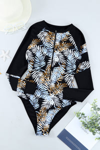 Leaves Print Zip-up Long Sleeve Surf Rash Guard Swimwear