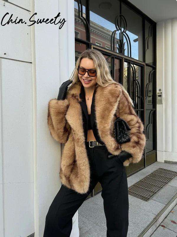 Street Faux Fur Women Coat Urban Full Sleeve Lapel Panelled Pocket Female Outwear 2024 Autumn Winter Elegant Lady Outwear