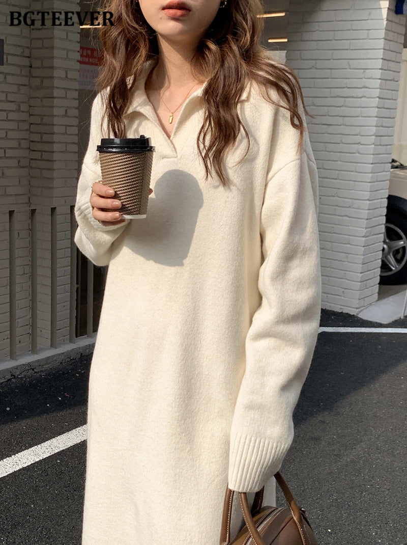 BGTEEVER Casual Thicken Warm Loose Sweater Dress Women Autumn Winter Lapel Full Sleeve Solid Long Knitted Dress Female vestidos