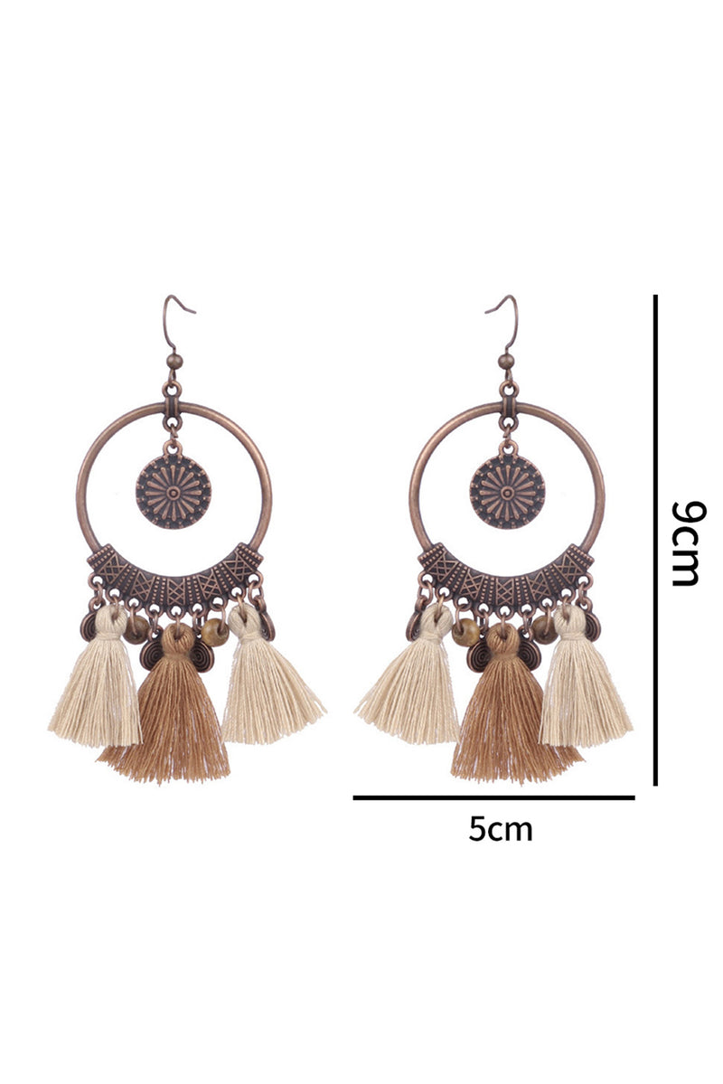 Beige Boho Round Tasseled Dangle Earrings