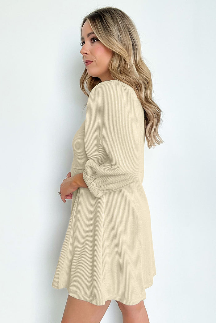 Beige Ribbed Knit Puff Sleeve Flared Mini Dress