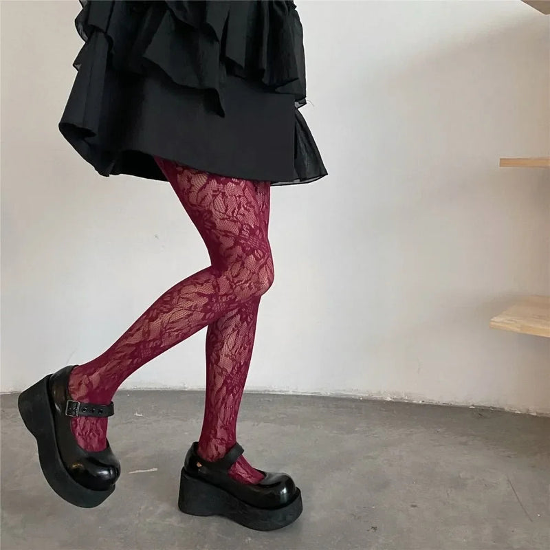 Y2k Fashion Gothic Flower Hollow Out Sexy Pantyhose Women Fishnet Wine Red Ins Hot Girls JK Tights High Elastic Hipster Leggings