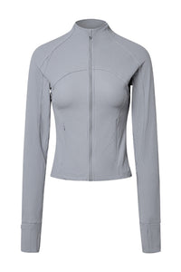 Gray Ribbed Stitching Thumbhole Sleeve Zip Up Active Top