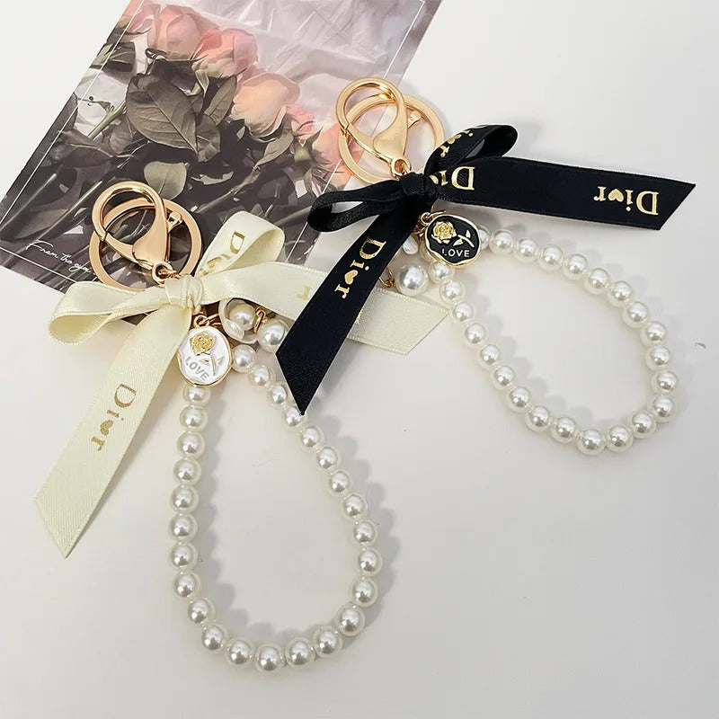 Imitation Pearl Keychain Sweet Letters Ribbon Bowknot Keyring Accessories Metal Buckle Women Bag Charms Best Gifts Jewelry