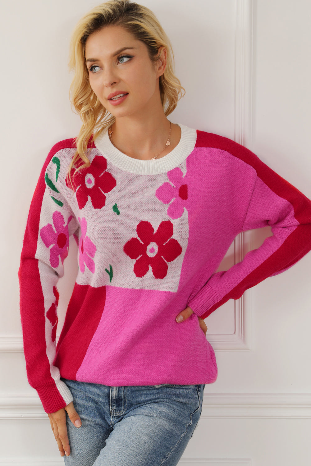 Rose Red Floral Mixed Color Block Sweater