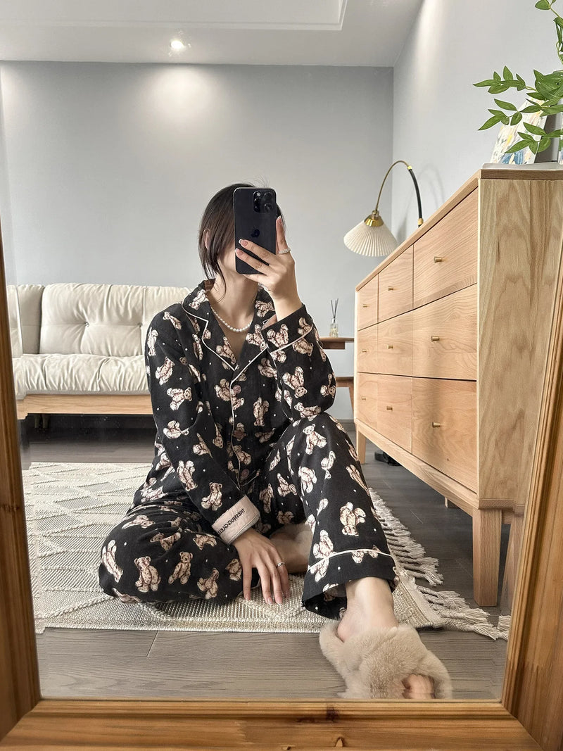 100% Cotton Pajamas for Women Loose Cartoon Long Sleeve Pants Loungewear Women 2 Piece Set Pj Women Outfit Sleepwear Set Pijamas