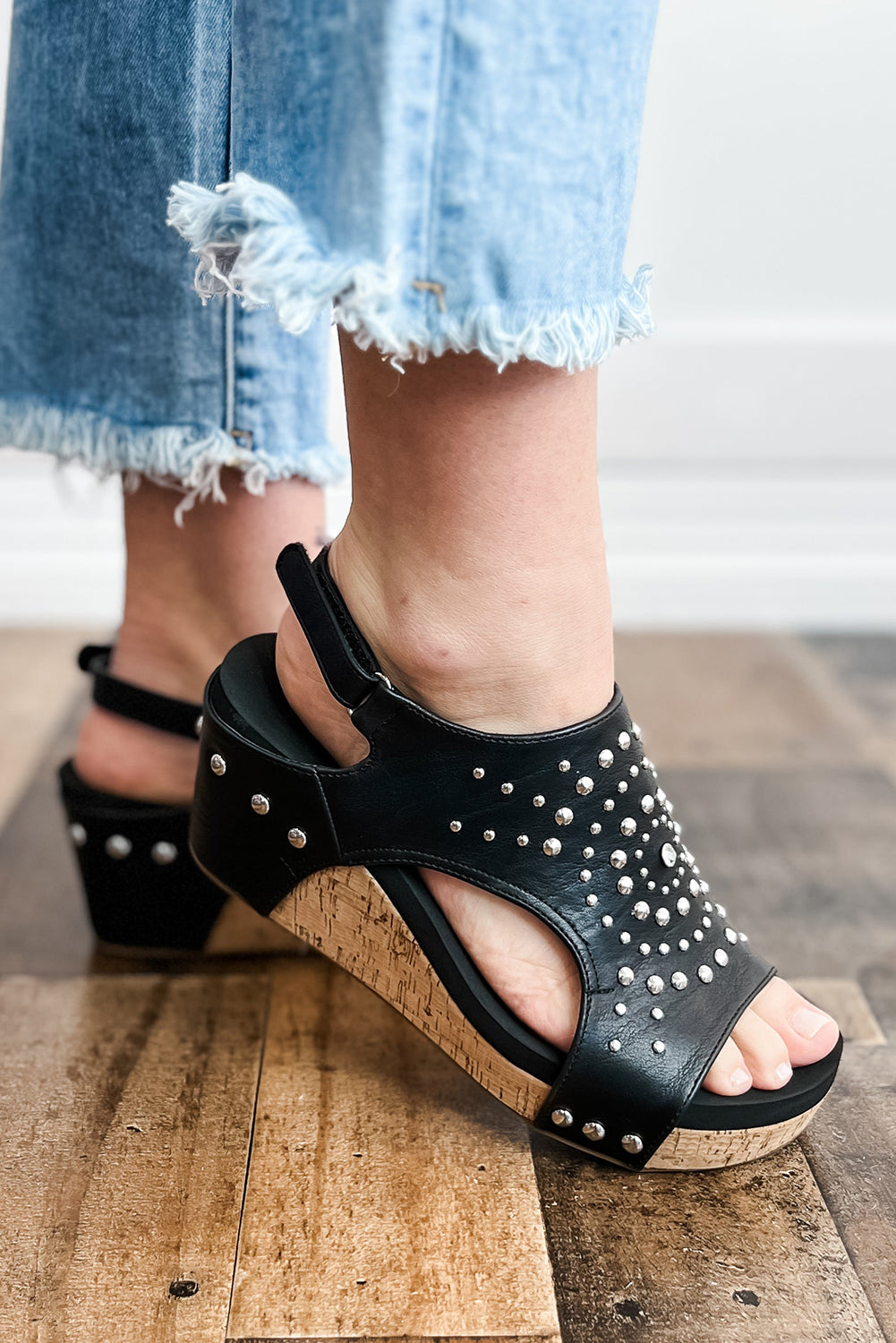 Black Rhinestone Stud Hollow Out Wedge Sandals