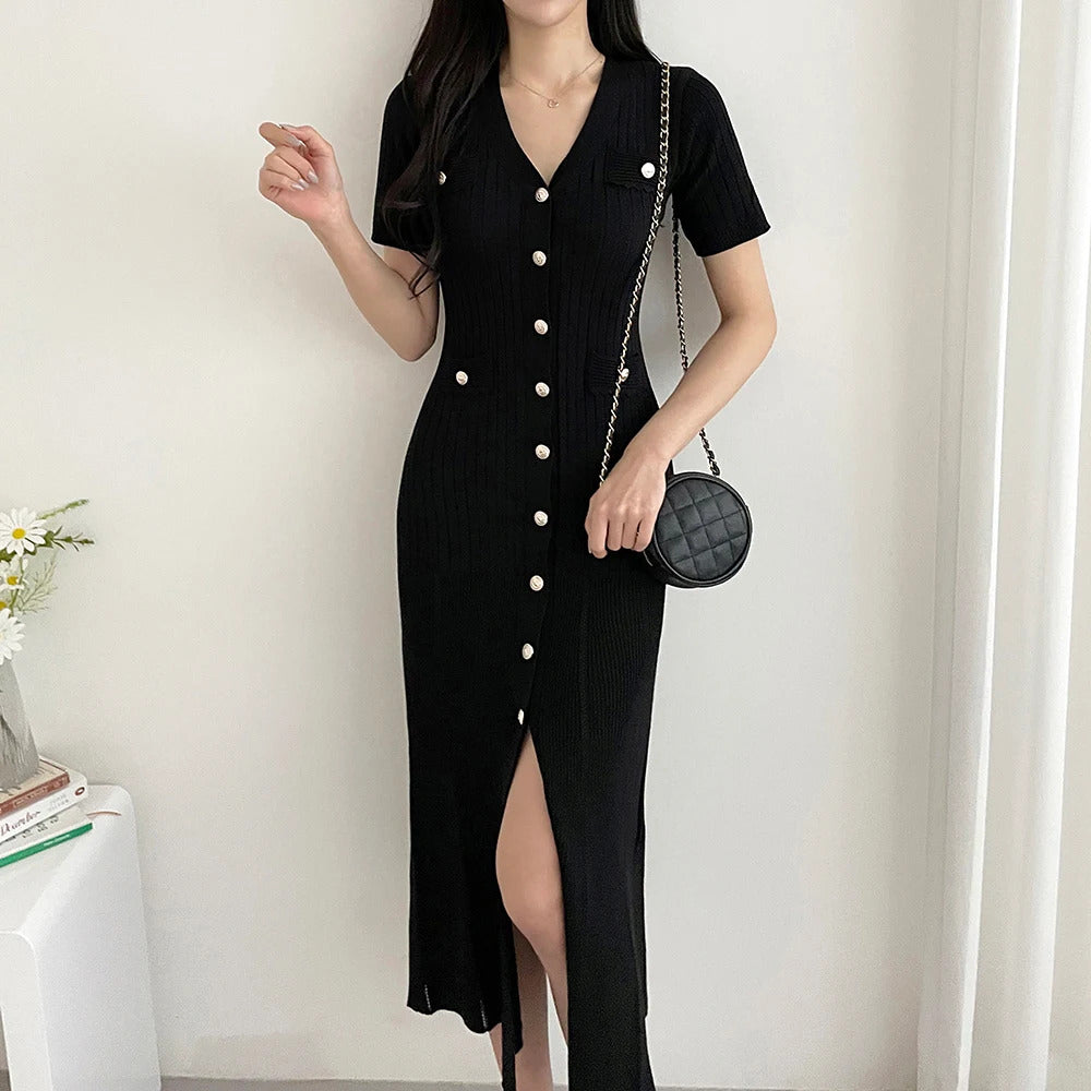 Summer Midi Dress Women Knitted Black Bodycon Korea Style Ruffle Ladies Dresses Elegant Fashion Casual Woman Dress 2024