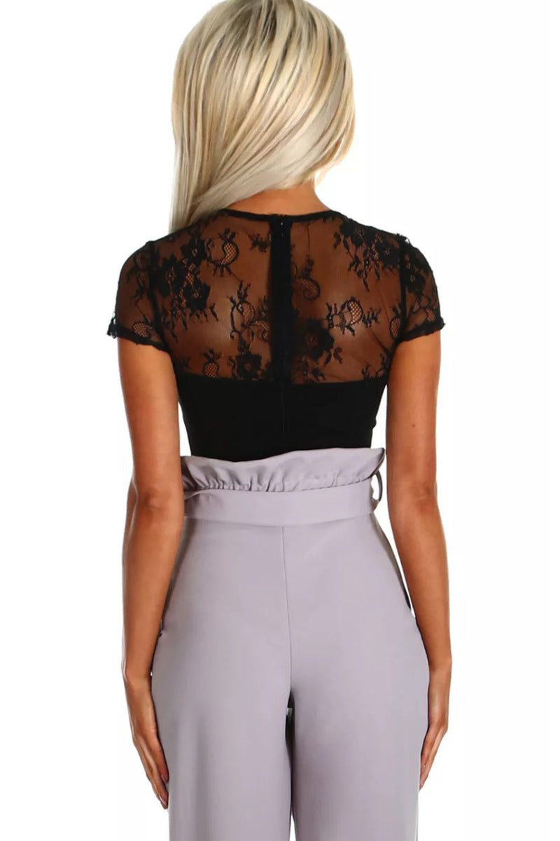 Black Lace Short Sleeve Bodysuit