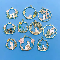 10pcs Alloy Pendants Flat Round Enamel Charms With Leaf And Cat Shape Charms Golden Medium Hollow Pendant For DIY Jewelry Making