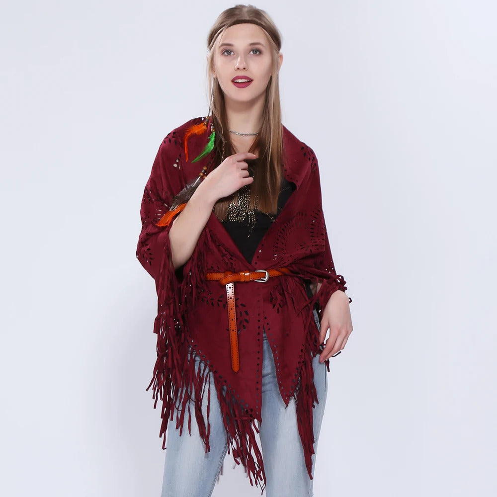 Women's Loose Suede Fringe Open Poncho Cloak Shawl Wrap with Punch Hole Patterns and Graceful Fringes Dropshipping