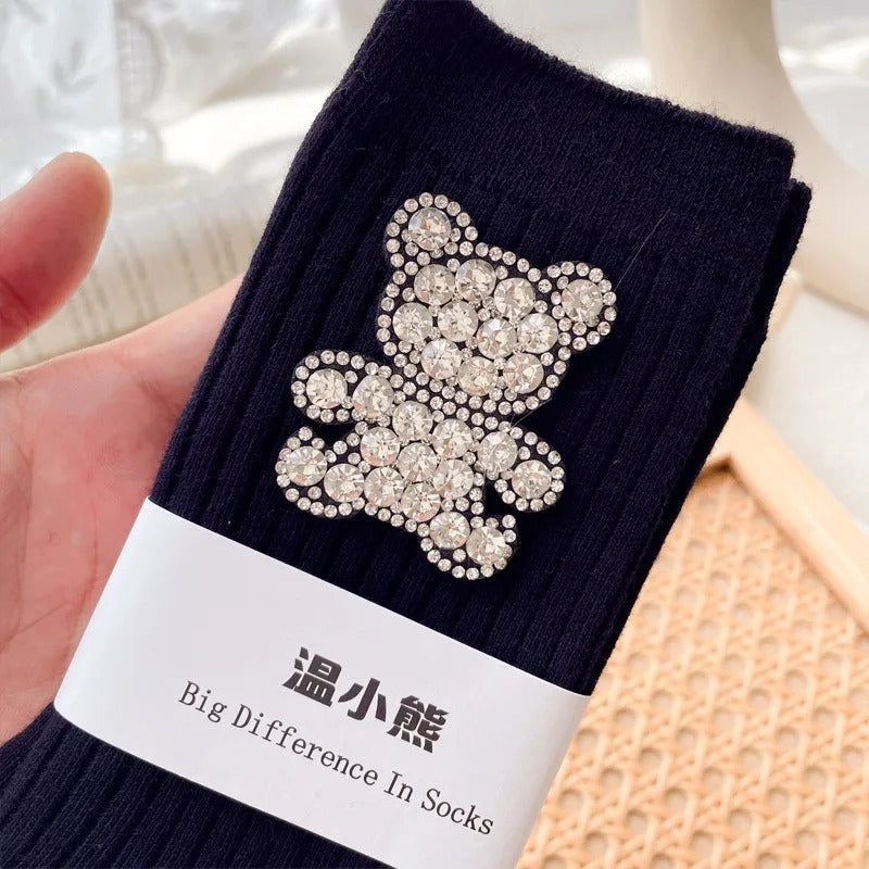 Diamond Cartoon Bear Decorative Socks, Fashionable Diamond Sparkling Women's Socks, Comfortable And Breathable Christmas Socks