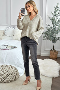 Khaki V neck Drop Shoulder Knitted Sweater