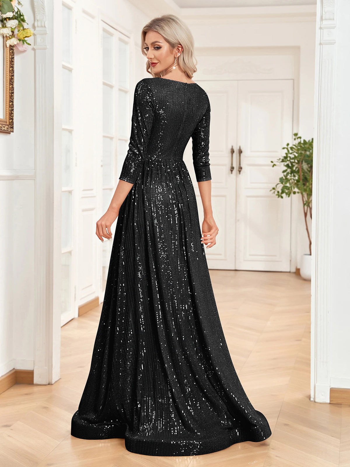 Lucyinlove Luxury V Neck Long Sleeves Blue Sequins Formal Evening Dress Women 2024 Wedding Party Prom Maxi Cocktail Dress Gowns