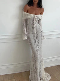 Elegant One Shoulder Lace Up Hollow Women's Dress Slim Fit See-through Long Sleeved Backless Robe 2024 Summer Lady Evening Gowns