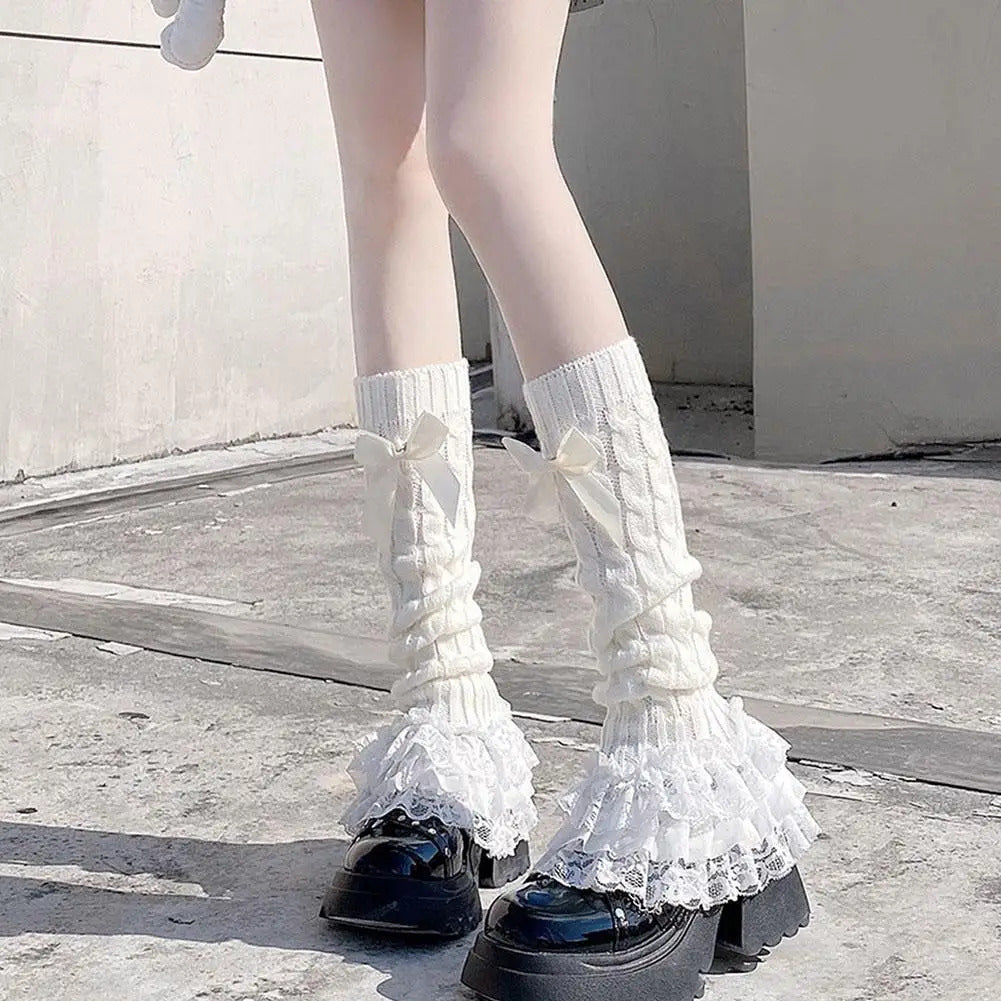 Japanese Women Knitted Leg Warmer Bow Tiered Ruffled Socks Girl Lace Lolita Socks Calf T-shaped Lace Leg Horn Warmers Women P1J5