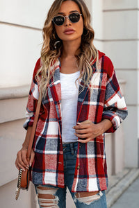 Green Hooded Plaid Button Front Shacket